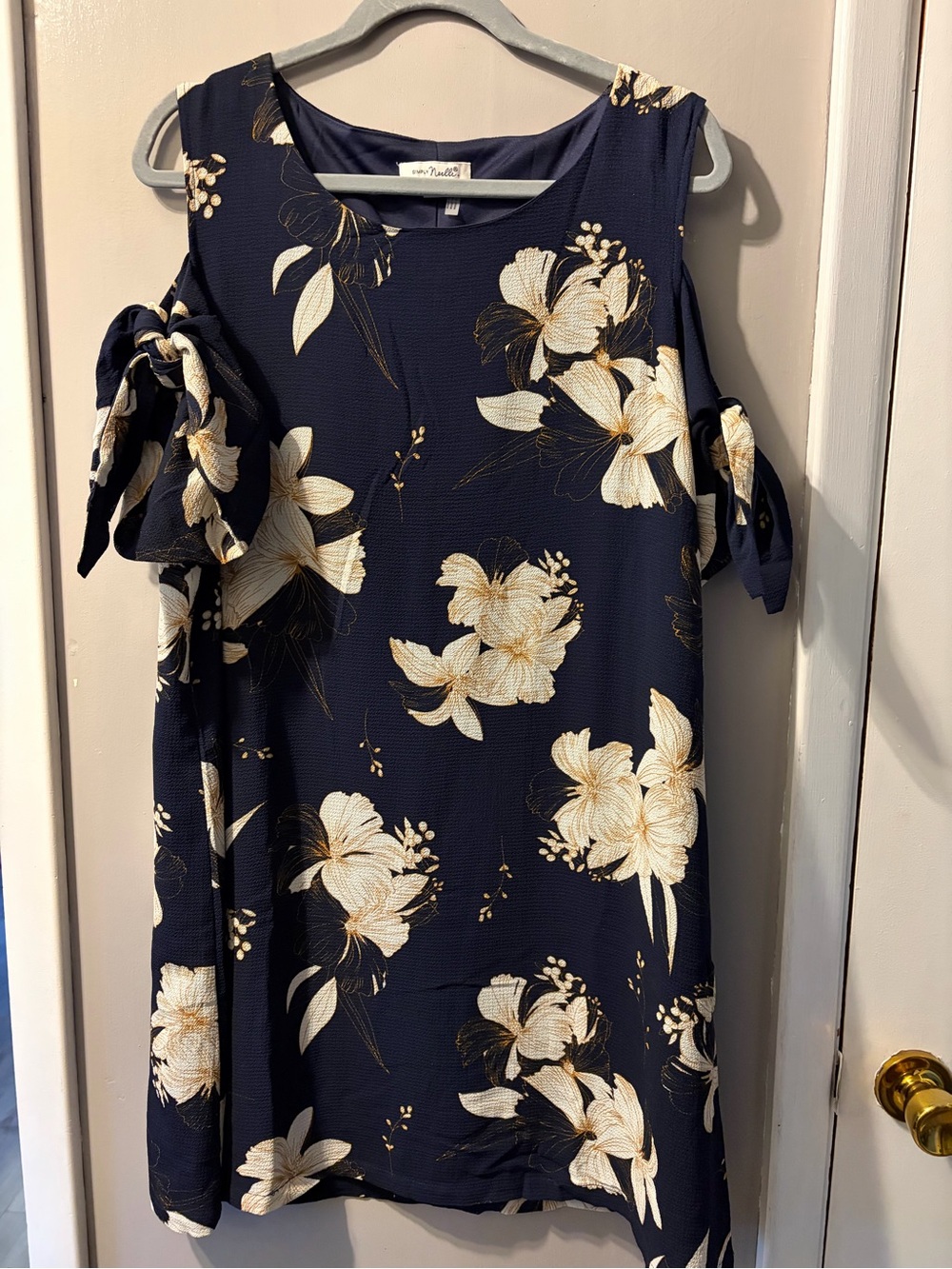 Simply Noelle Navy Floral Cold-Shoulder Mini Dress with Ivory Blooms